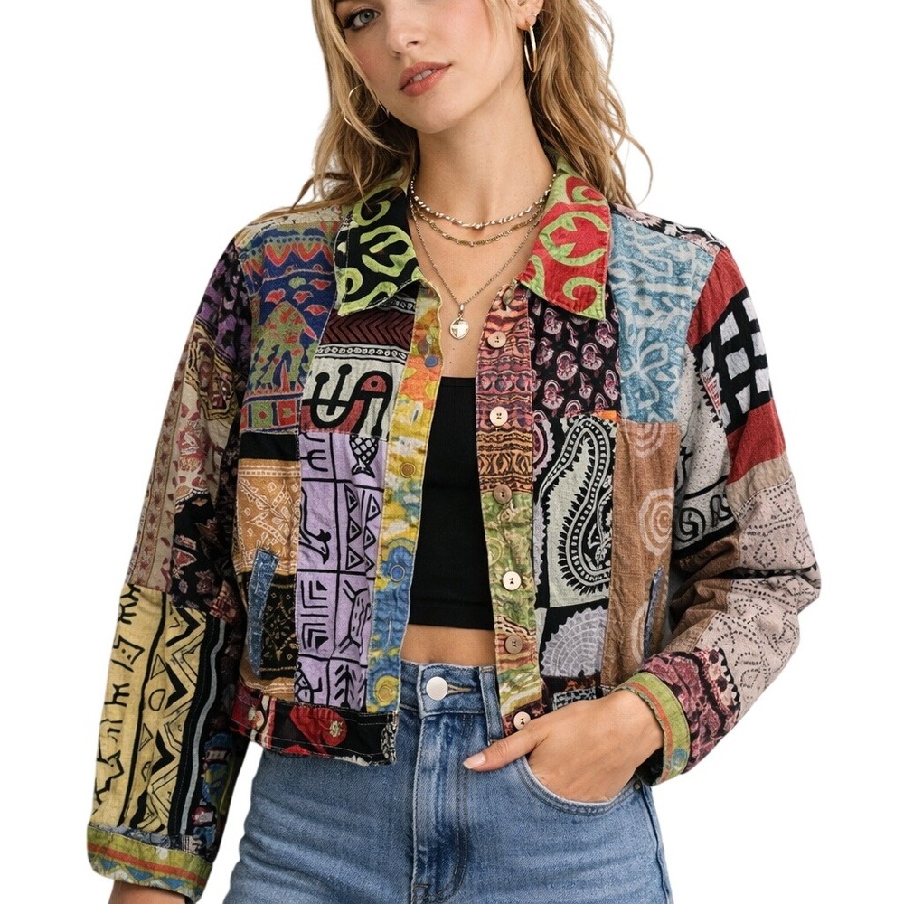 SACRED THREADS Patchwork Cotton Jacket‎ Boho Hippie Festival Indie Sleaze M/L
